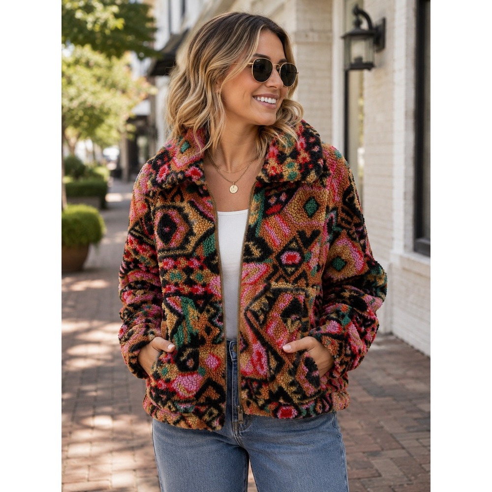 Billabong Teddy Fleece Jacket Womens S Aztec Tribal Print Sherpa Full Zip Cozy
